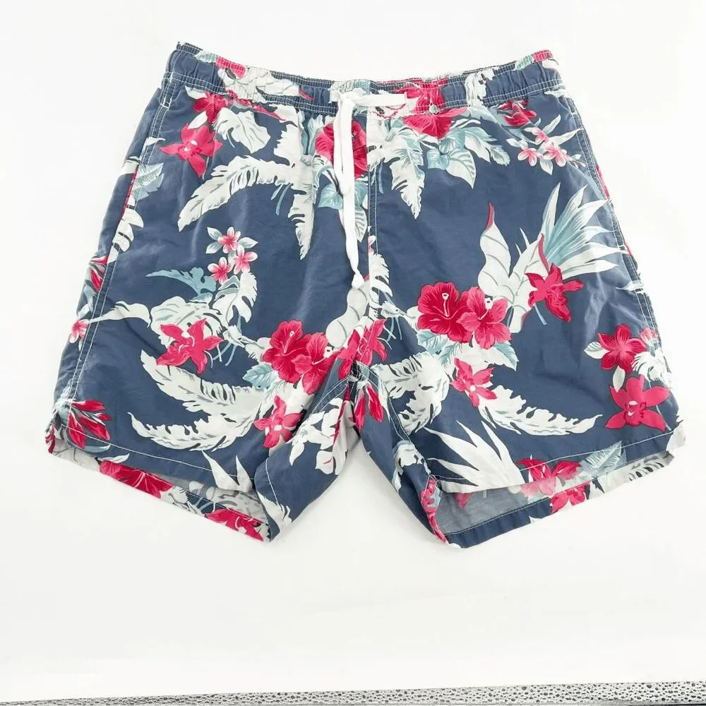 Old‎ Navy Floral Board Shorts Mens Size M Blue Red Tropical Swim Drawstring